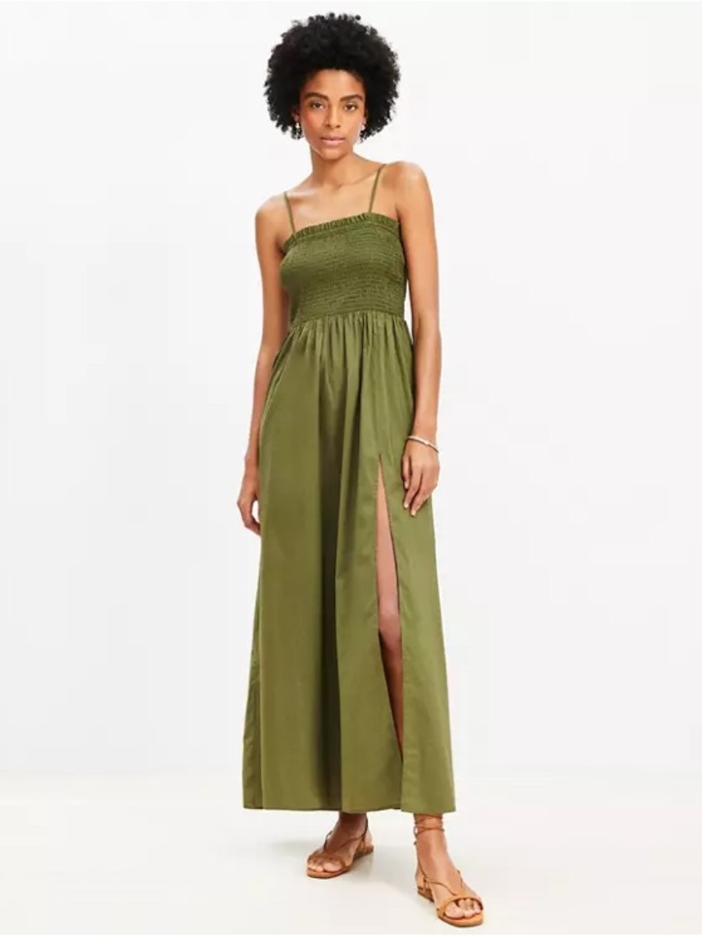 LOFT Olive Smocked Maxi Dress, S